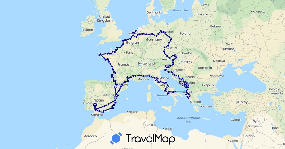 TravelMap itinerary: driving, hiking, boat in Andorra, Albania, Austria, Bosnia and Herzegovina, Belgium, Czech Republic, Germany, Spain, France, Croatia, Italy, Montenegro, Netherlands, Poland, Slovenia (Europe)