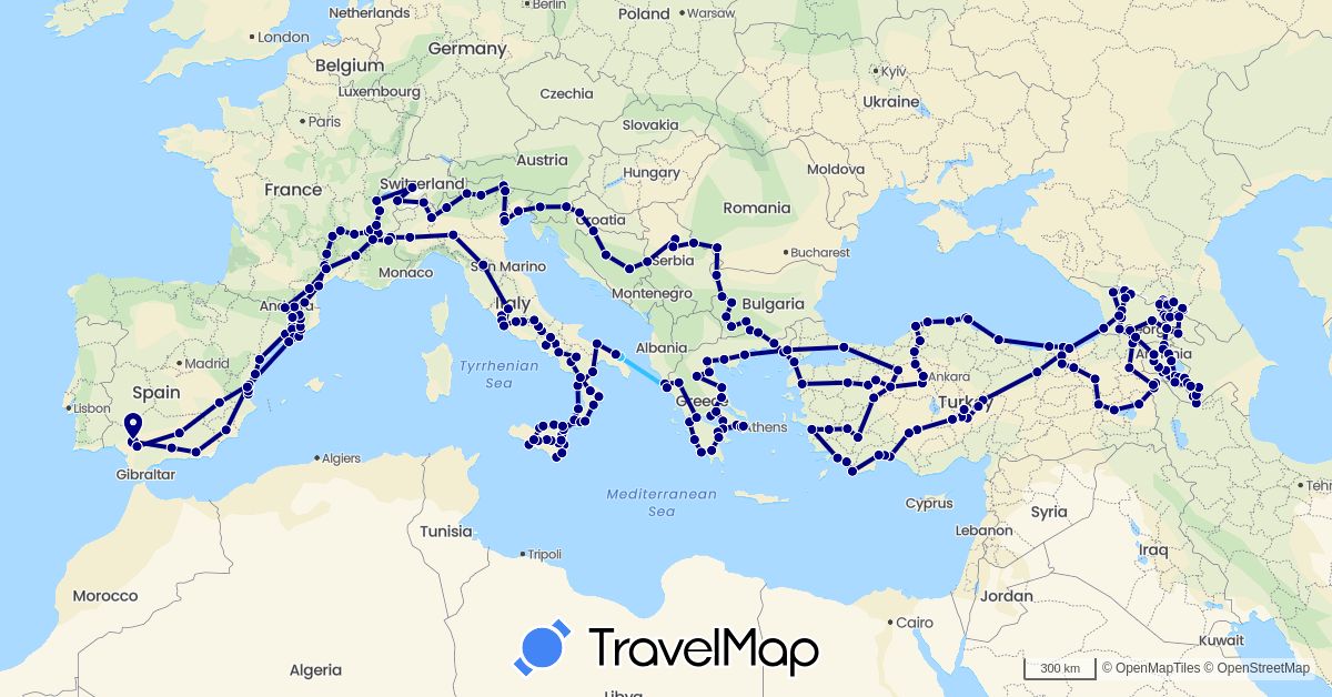 TravelMap itinerary: driving, boat in Andorra, Armenia, Bosnia and Herzegovina, Bulgaria, Switzerland, Spain, France, Georgia, Greece, Croatia, Italy, Serbia, Slovenia, Turkey (Asia, Europe)